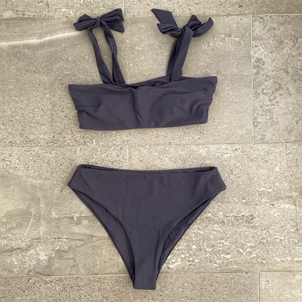 SHEIN Bikini Navy Tie Shoulder High Waisted